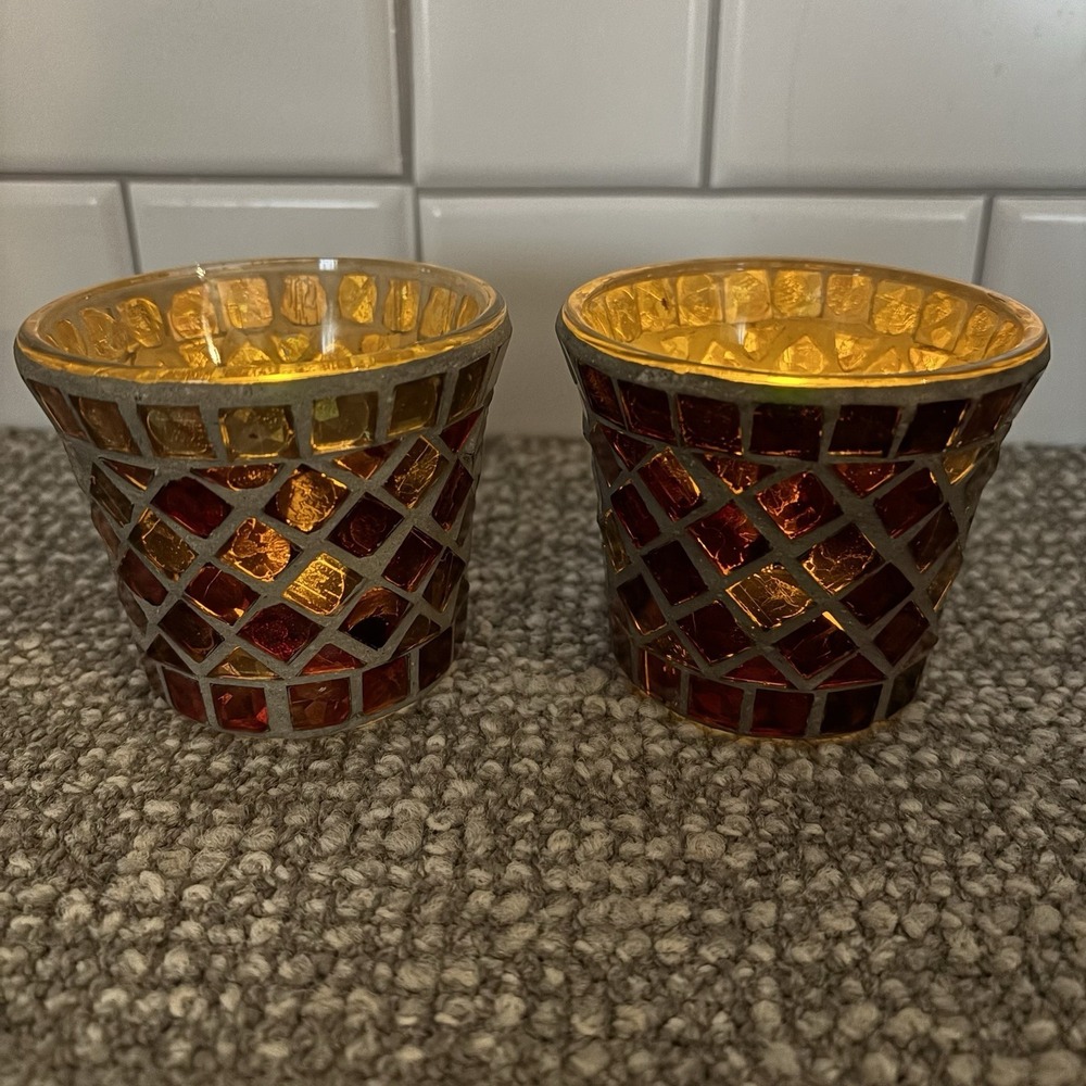 Yankee‎ Candle Mosaic Glass Votive Holder Amber Red Crackle Tile New